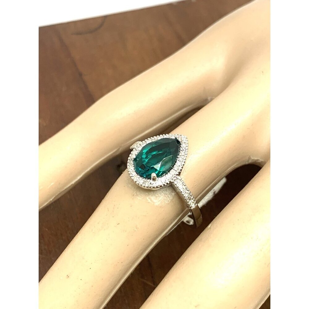 Green Gemstone Diamond Cocktail Ring 14k White Gold Women's Jewelry Size 8 - Picture 13 of 14